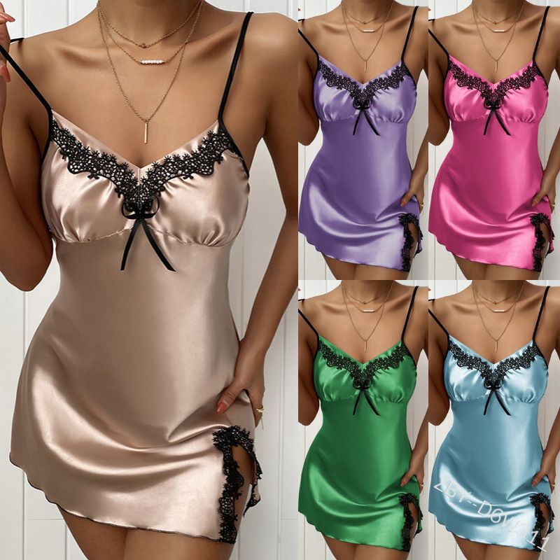 Home Sexy Solid Color Polyester Slit Lace Pajama Sets