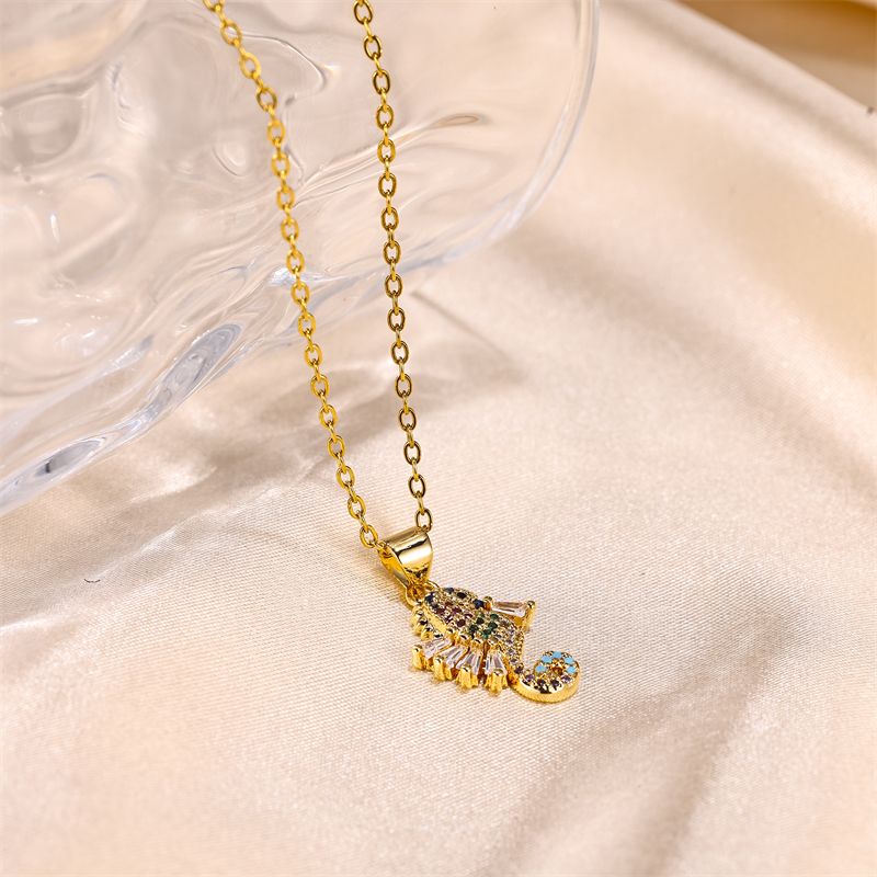Vintage Style Hippocampus Stainless Steel Copper Beaded Plating Inlay Zircon 18k Gold Plated Pendant Necklace