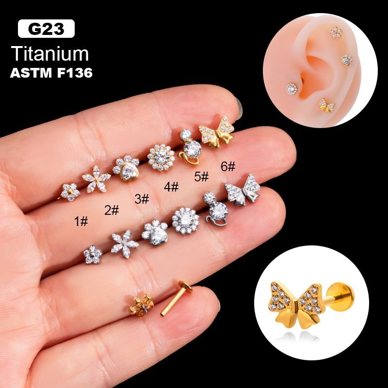 1 Piece Ig Style Vintage Style Geometric Flower Bow Knot Plating Inlay Titanium Alloy Zircon 18k Gold Plated Ear Studs