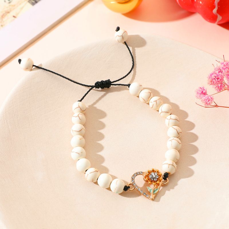 Romantic Pastoral Solid Color Sunflower Heart Shape Stainless Steel Alloy Natural Stone Enamel Plating Inlay Rhinestones Gold Plated Thanksgiving Unisex Drawstring Bracelets