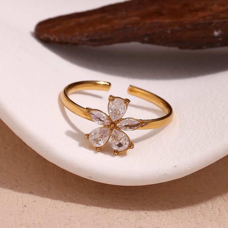 Simple Style Flower Stainless Steel Plating Zircon 18k Gold Plated Open Rings