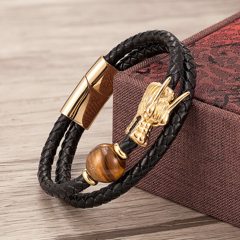 Chinoiserie Casual Retro Round Dragon Stone Metal Handmade Metal Button Men's Bracelets