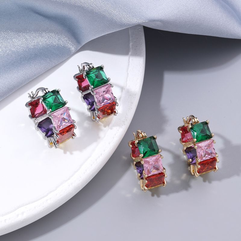 1 Pair Elegant Sweet Color Block Plating Inlay Copper Zircon 18k Gold Plated Hoop Earrings