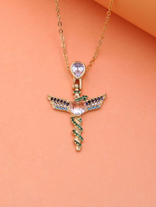 Vintage Style Cross Wings Snake Copper 18k Gold Plated Zircon Pendant Necklace In Bulk