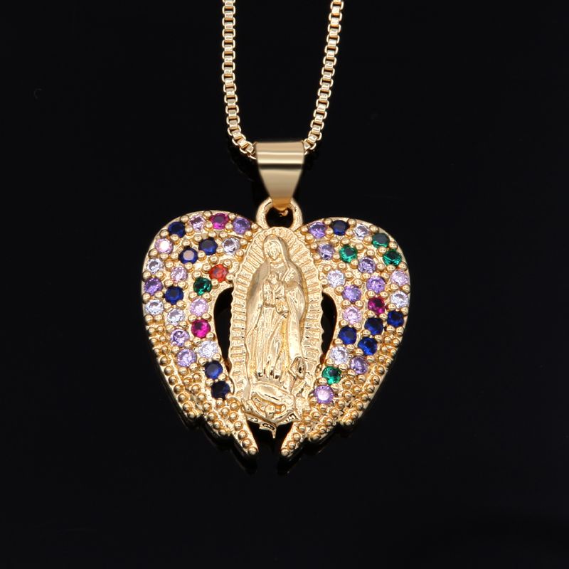 Elegant Vintage Style Virgin Mary Wings Copper Polishing Plating Inlay Zircon 18k Gold Plated Unisex Pendant Necklace