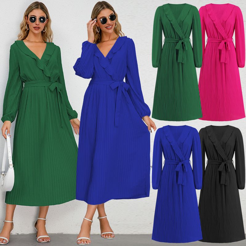 Women's Regular Dress Simple Style V Neck Belt Ruffles Pleated Long Sleeve Solid Color Midi Dress Daily Street