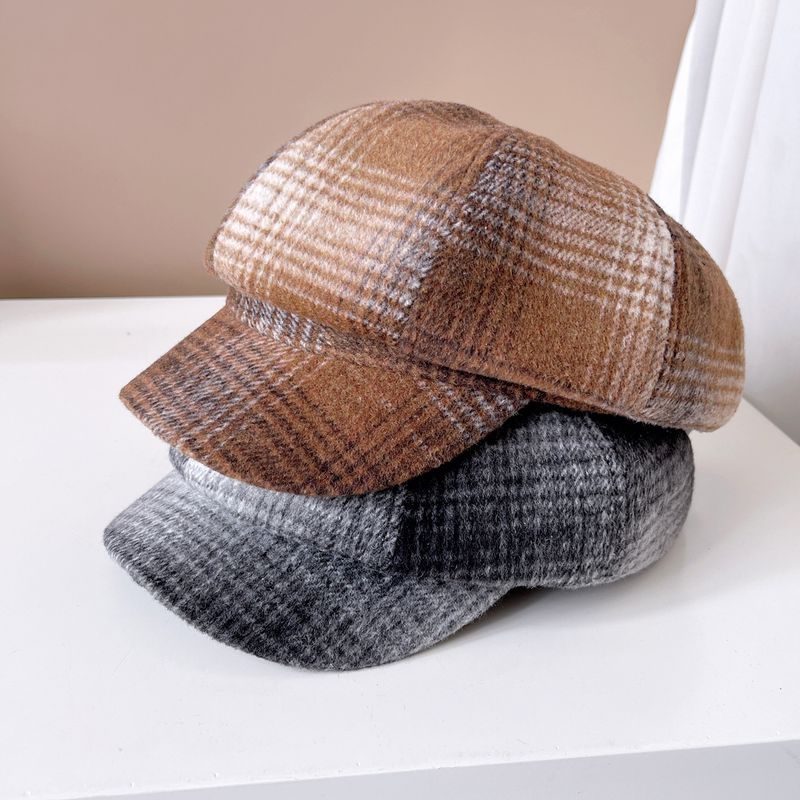 Women's Simple Style British Style Plaid Wide Eaves Beret Hat