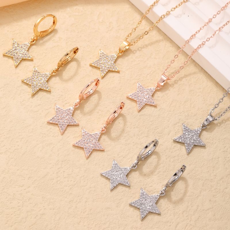 304 Stainless Steel Copper K Gold Plated Rhodium Plated Hip-Hop Simple Style Plating Inlay Pentagram Zircon Jewelry Set