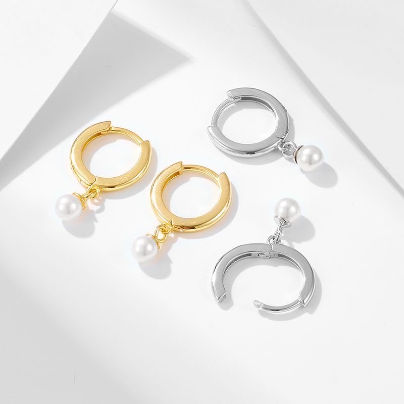 1 Pair Ig Style Simple Style Solid Color Plating Inlay Sterling Silver Pearl 14k Gold Plated Rhodium Plated Hoop Earrings