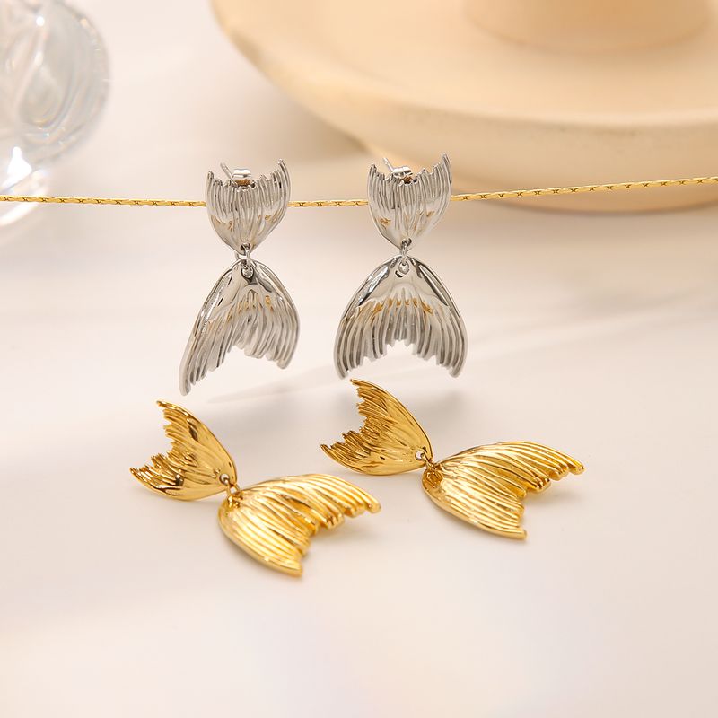 1 Pair Vintage Style Fish Tail Plating 304 Stainless Steel 18K Gold Plated Drop Earrings