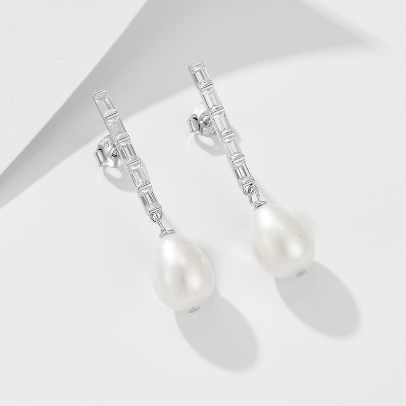 1 Pair Ig Style Sweet Geometric Solid Color Plating Inlay Sterling Silver Pearl Zircon 14k Gold Plated Rhodium Plated Drop Earrings