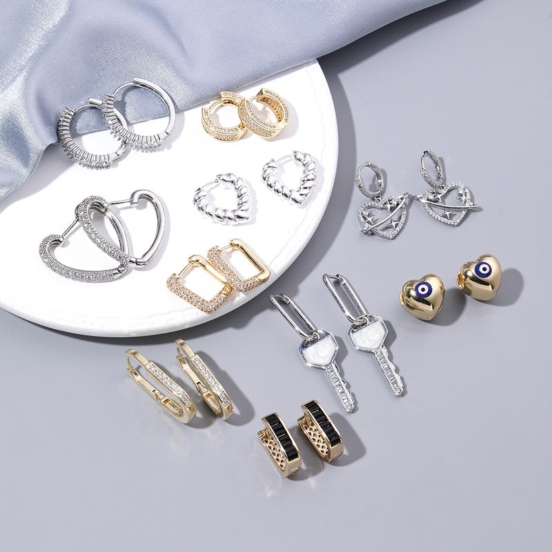 1 Pair Casual Simple Style Commute Heart Shape Key Enamel Plating Inlay Stainless Steel Copper Zircon 18k Gold Plated Earrings