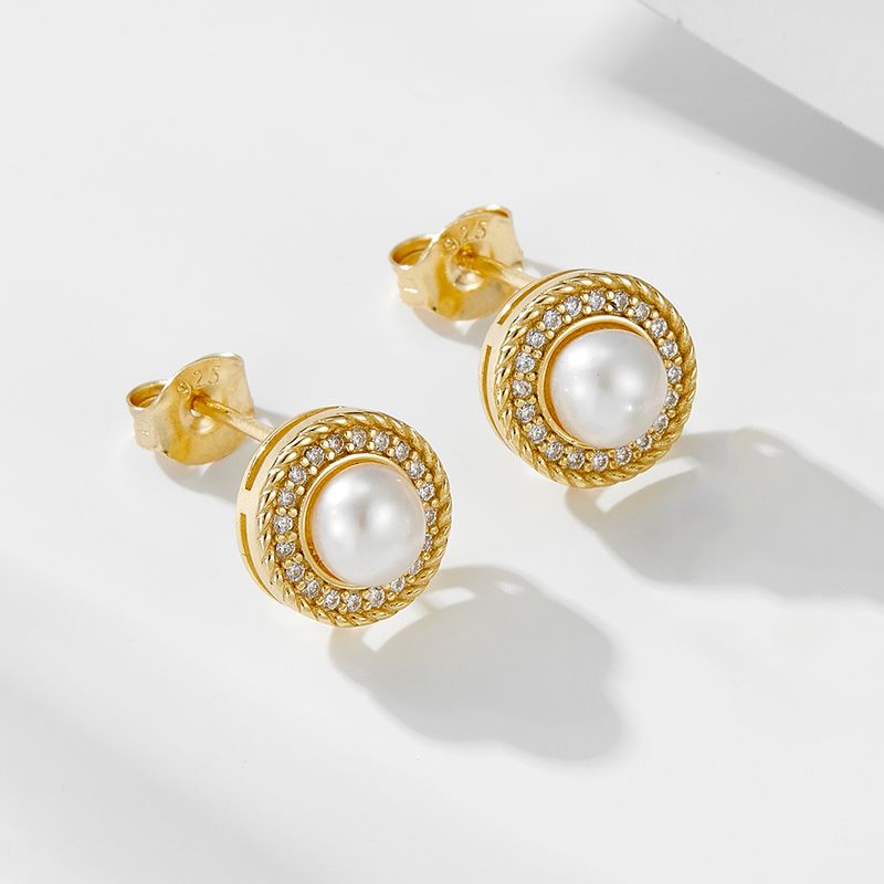 1 Pair Ig Style Sweet Round Plating Inlay Sterling Silver Pearl Zircon 14k Gold Plated Rhodium Plated Ear Studs