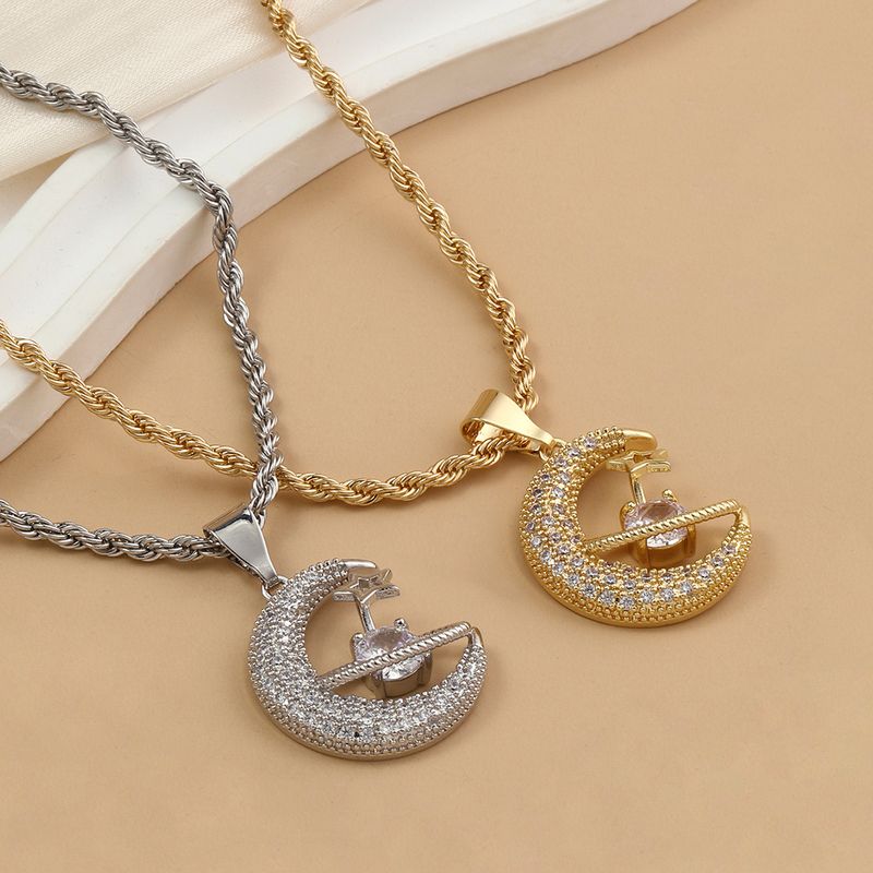 Stainless Steel 18K Gold Plated Elegant Simple Style Commute Polishing Inlay Star Moon Zircon Pendant Necklace