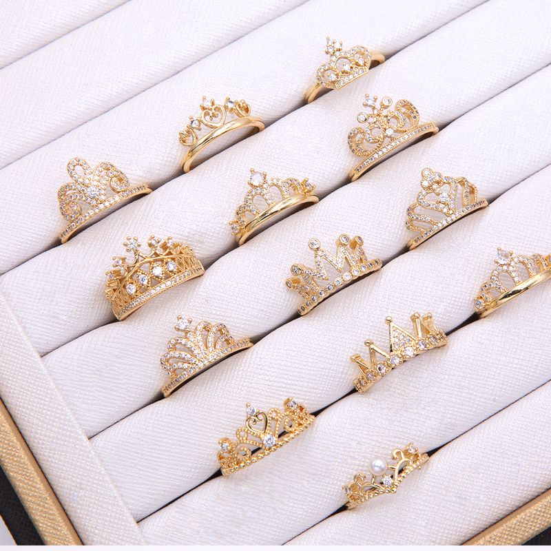 Shiny Crown Copper 18k Gold Plated Artificial Pearls Zircon Open Rings In Bulk