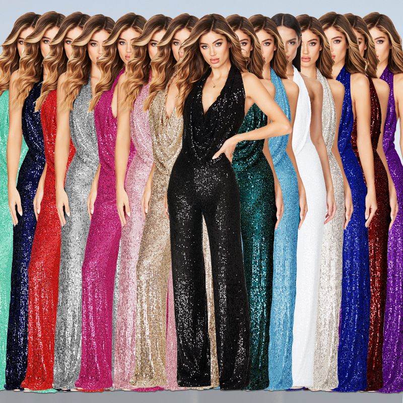 Women's Party Street Sexy Solid Color Full Length Sequins Jumpsuits