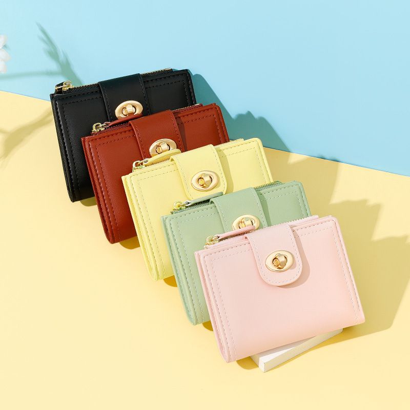 Women's Solid Color Pu Leather Zipper Lock Clasp Wallets