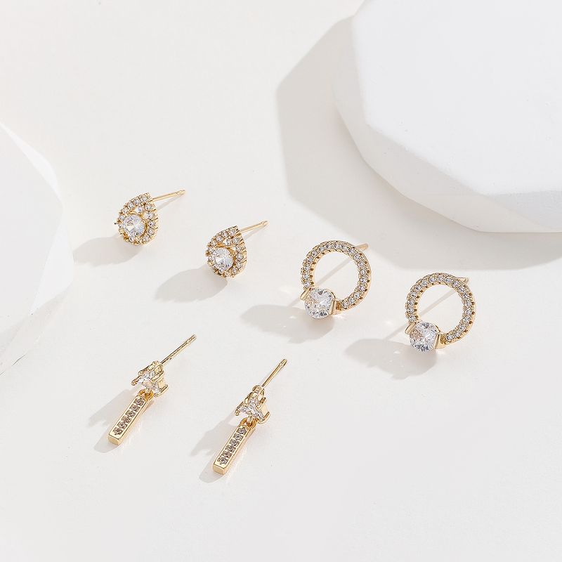 3 Pairs Elegant Lady Water Droplets Plating Inlay Copper Zircon Gold Plated Ear Studs