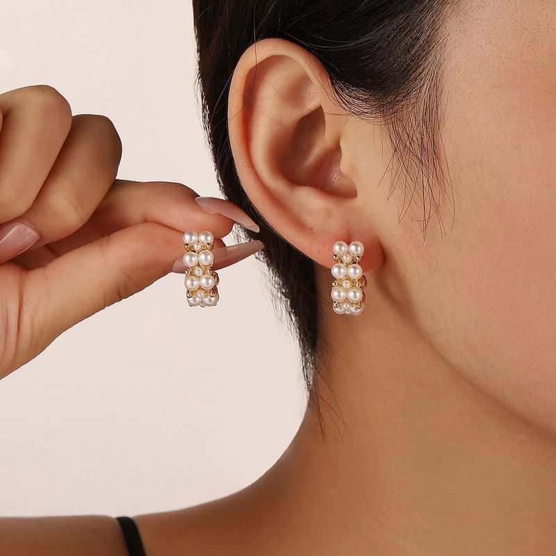 1 Paire Élégant Géométrique Placage Incruster Alliage Perles Artificielles Boucles D'oreilles