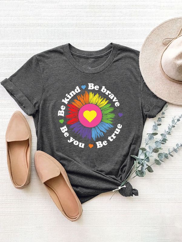 Women's T-shirt Short Sleeve T-shirts Printing Casual Sunflower Letter Heart Shape