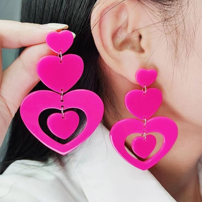 1 Pair Exaggerated Sweet Geometric Heart Shape Printing Arylic Drop Earrings