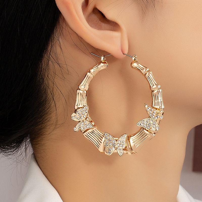1 Pair Elegant Glam Lady Solid Color Butterfly Plating Inlay Ferroalloy Rhinestones 14k Gold Plated Hoop Earrings