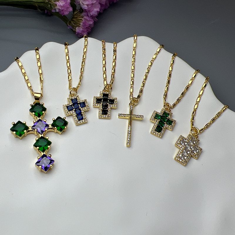 Lady Streetwear Cross Copper Rhinestones Pendant Necklace In Bulk