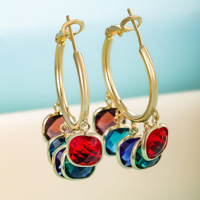 1 Pair Vintage Style Color Block Tassel Plating Inlay Copper Alloy Artificial Gemstones 14k Gold Plated Hoop Earrings