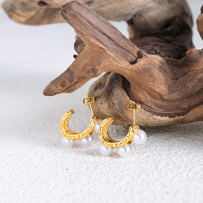 1 Pair Ig Style Casual C Shape Solid Color Plating Inlay Stainless Steel Artificial Pearls 14k Gold Plated Ear Studs