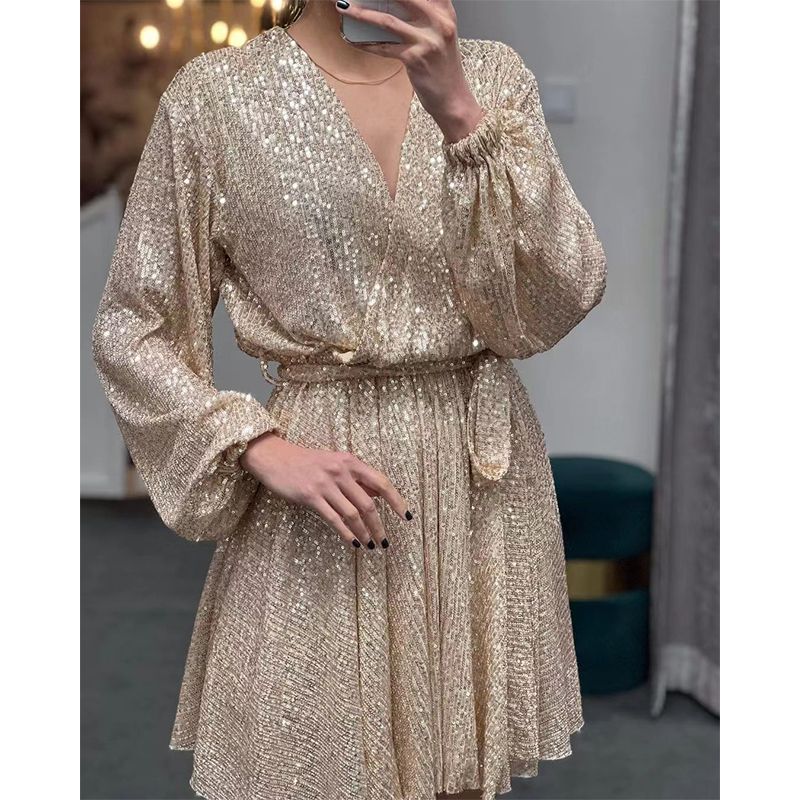 Women's Sequin Dress Sexy V Neck Sequins Long Sleeve Solid Color Above Knee Banquet Party