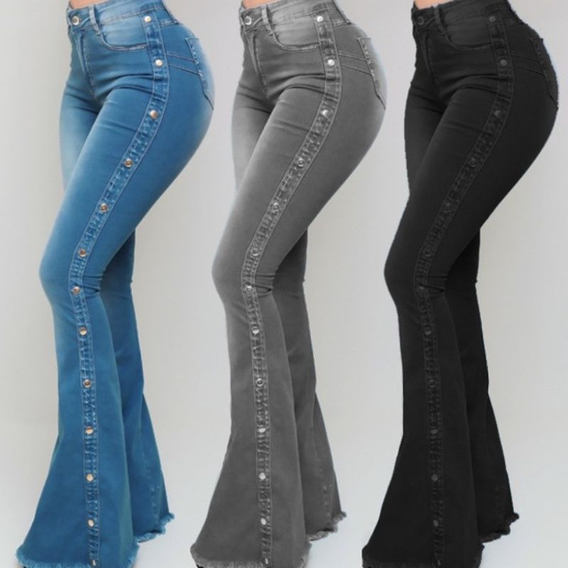 Women's Daily Street Streetwear Solid Color Full Length Button Flared Pants Jeans