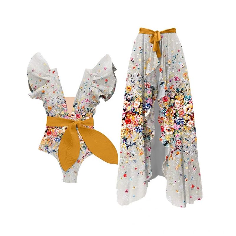 Women's Beach Flower Ruffles One Piece Swimwear