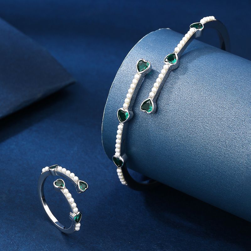 Elegant Heart Shape Copper White Gold Plated Artificial Pearls Zircon Jewelry Set In Bulk