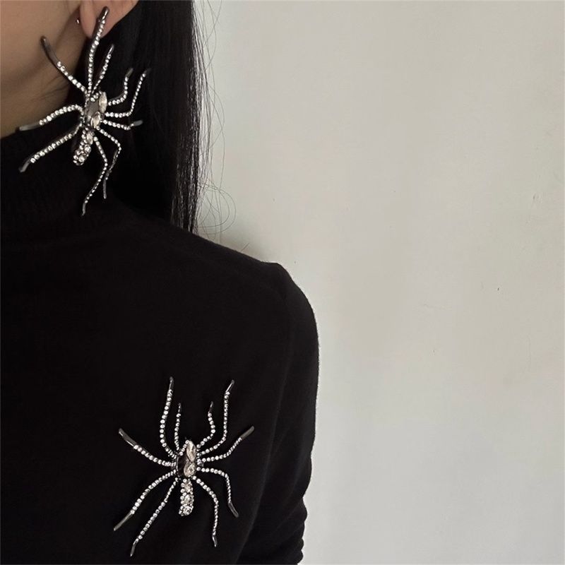 1 Pair Ig Style Exaggerated Spider Plating Inlay Alloy Rhinestones Silver Plated Drop Earrings
