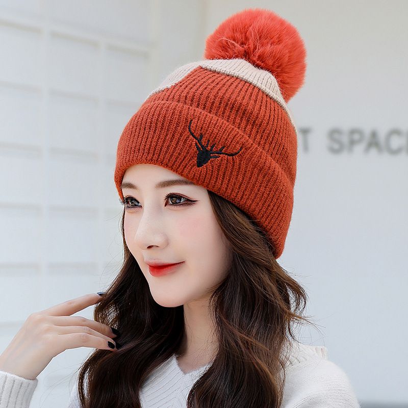 Women's Simple Style Color Block Embroidery Pom Poms Eaveless Wool Cap