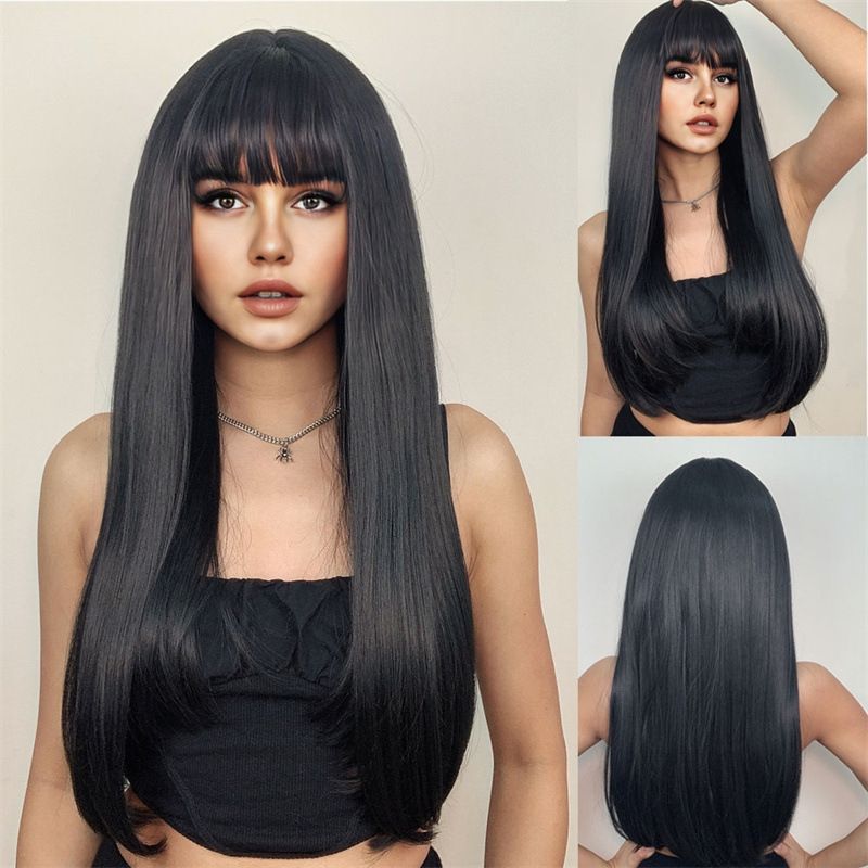 Women's Simple Style Party Stage Street High Temperature Wire Bangs Long Straight Hair Wig Net