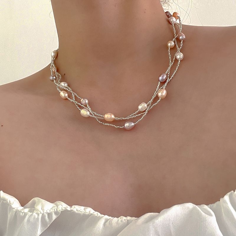 Élégant Vêtement De Rue Style Coréen Géométrique Alliage Perle D'eau Douce Femmes Collier En Couches