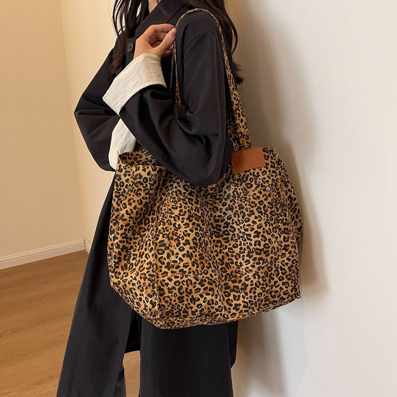 Women's Canvas Leopard Streetwear Bucket Zipper Shoulder Bag