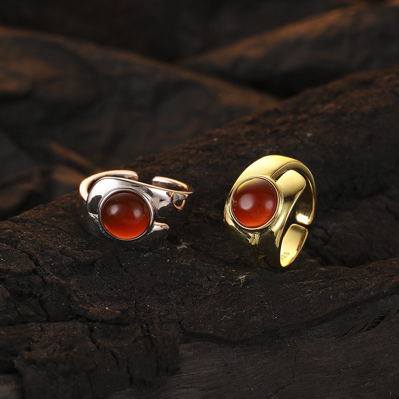 Retro Geometric Sterling Silver Plating Inlay Agate 24k Gold Plated White Gold Plated Open Rings