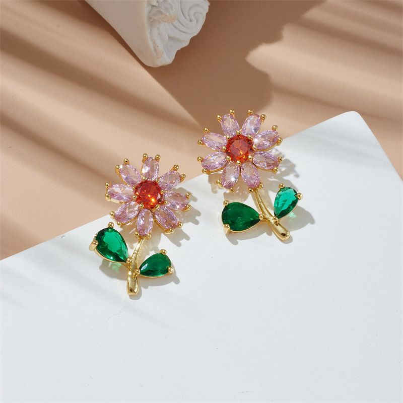 1 Pair Simple Style Classic Style Flower Plating Inlay Copper Zircon 18k Gold Plated Ear Studs