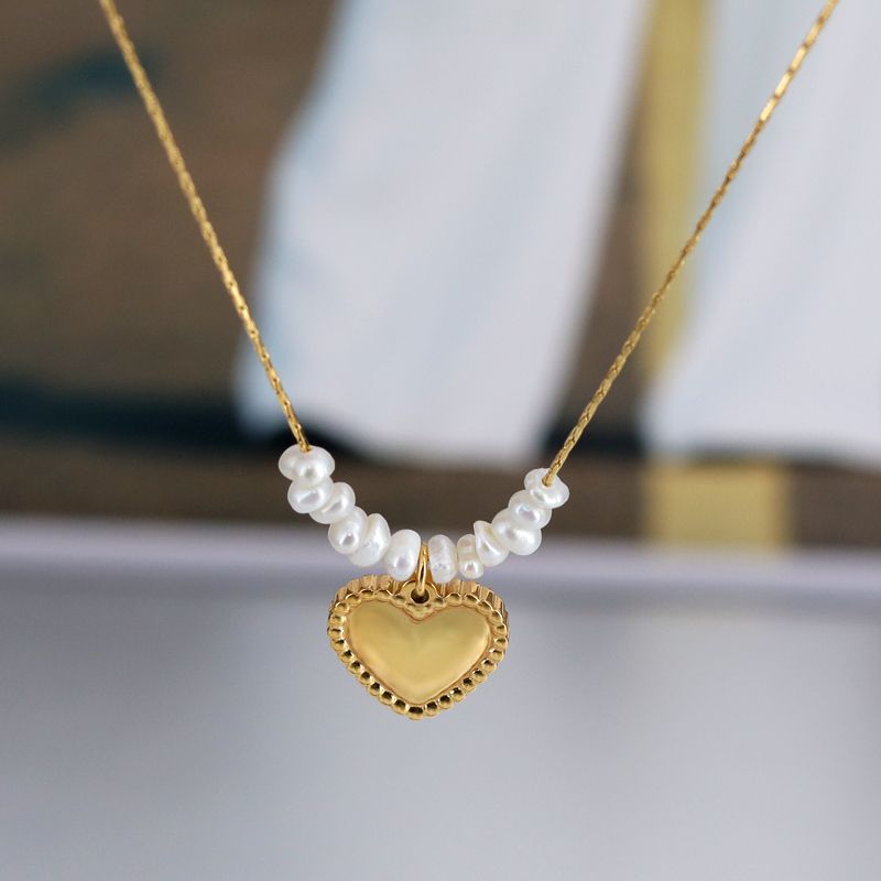 French Style Simple Style Heart Shape 304 Stainless Steel Freshwater Pearl Pearl 18K Gold Plated Women's Pendant Necklace