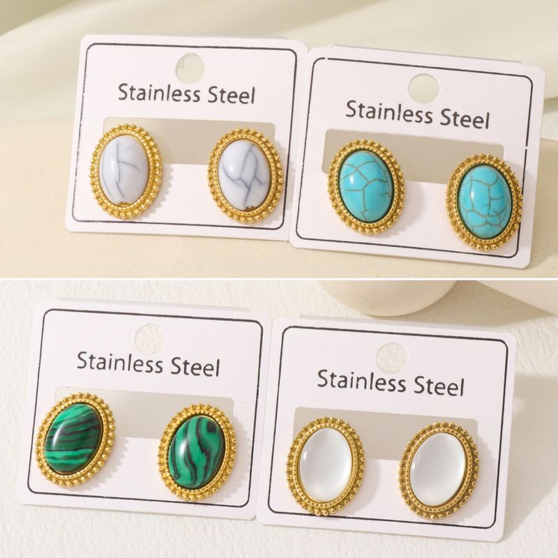 1 Pair Retro Simple Style Oval Plating Inlay 304 Stainless Steel Turquoise Opal 18K Gold Plated Ear Studs