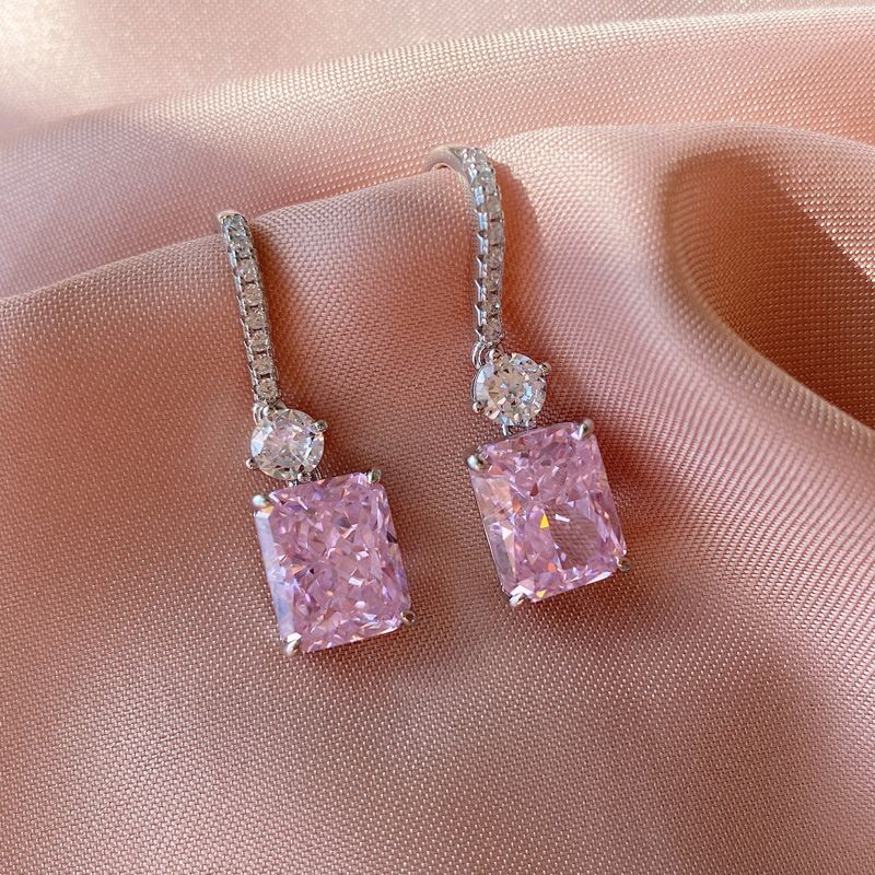 1 Pair Sweet Shiny Square Inlay Sterling Silver High Carbon Diamond White Gold Plated Drop Earrings
