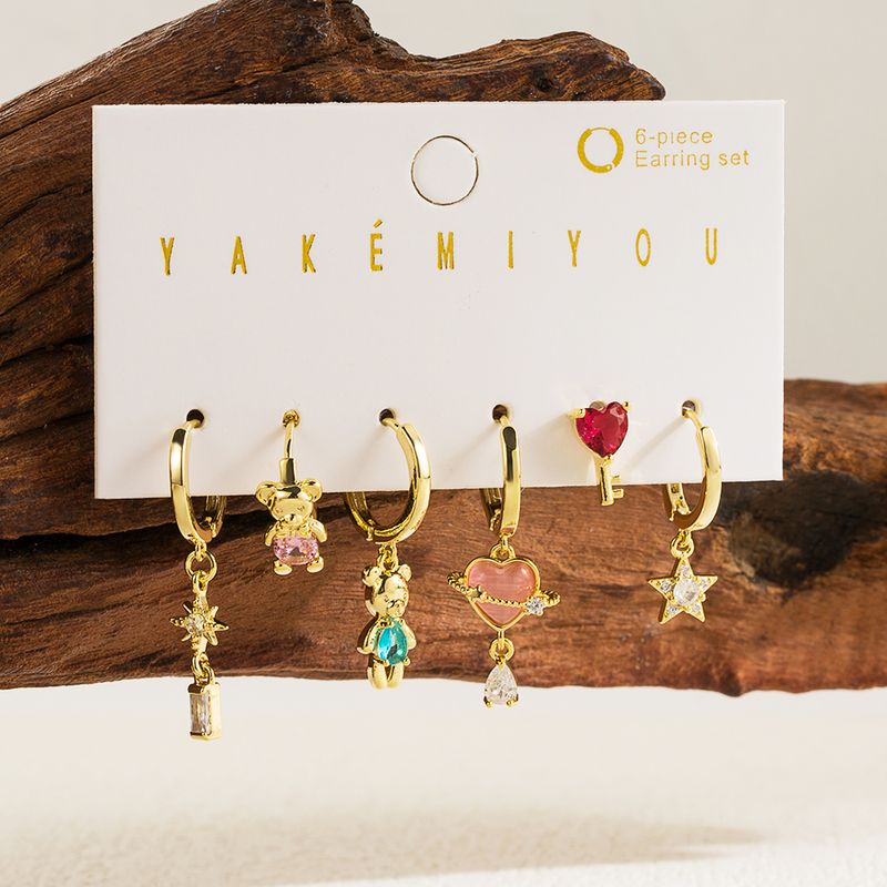 1 Set Simple Style Little Bear Heart Shape Flower Plating Inlay Copper Zircon 14k Gold Plated Drop Earrings