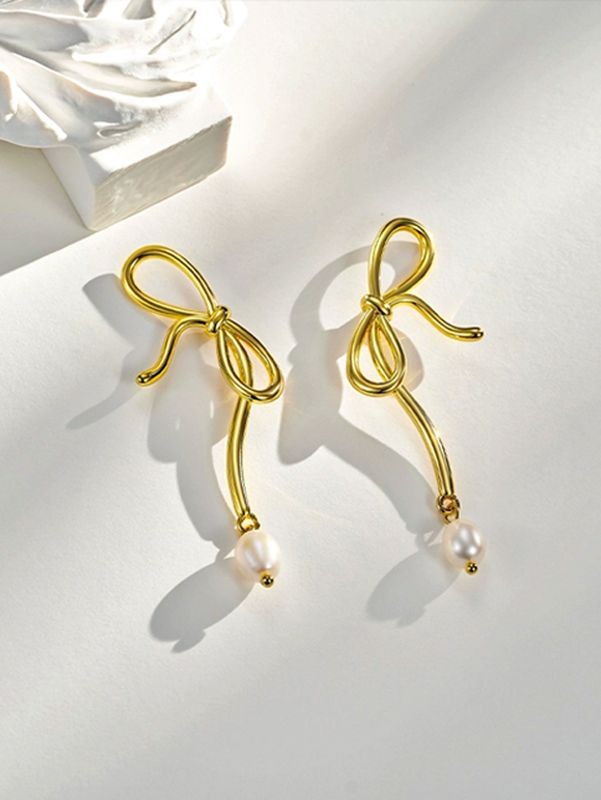 1 Pair Retro Roman Style Bow Knot Copper Artificial Pearls Gold Plated Drop Earrings