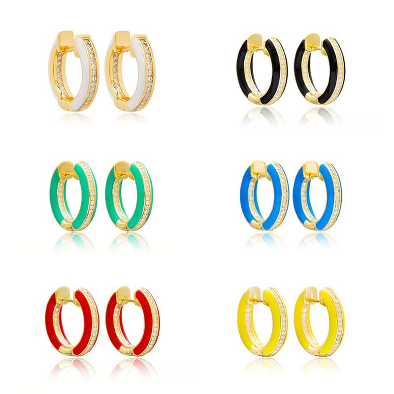 1 Pair Simple Style Commute Round Enamel Inlay Copper Zircon Earrings