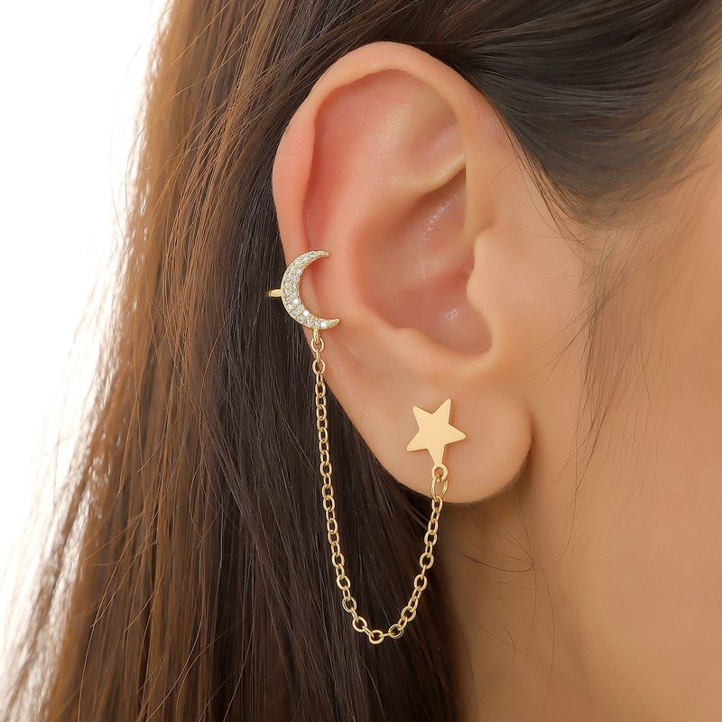 1 Piece Vintage Style Star Moon Plating Inlay Copper Zircon Gold Plated Ear Cuffs