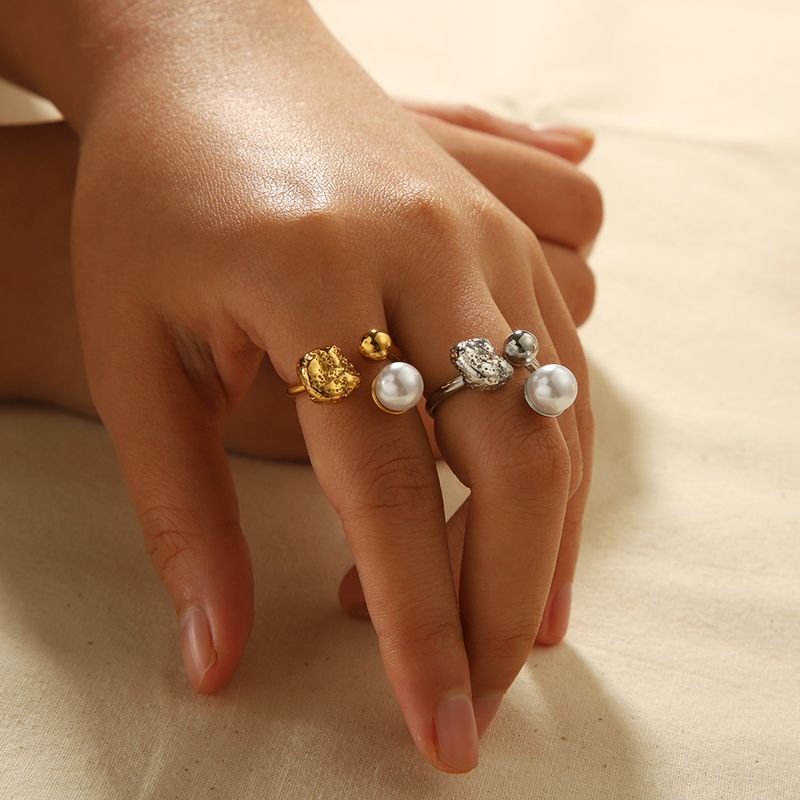 304 Stainless Steel 18K Gold Plated Vintage Style Plating Inlay Geometric Pearl Open Rings