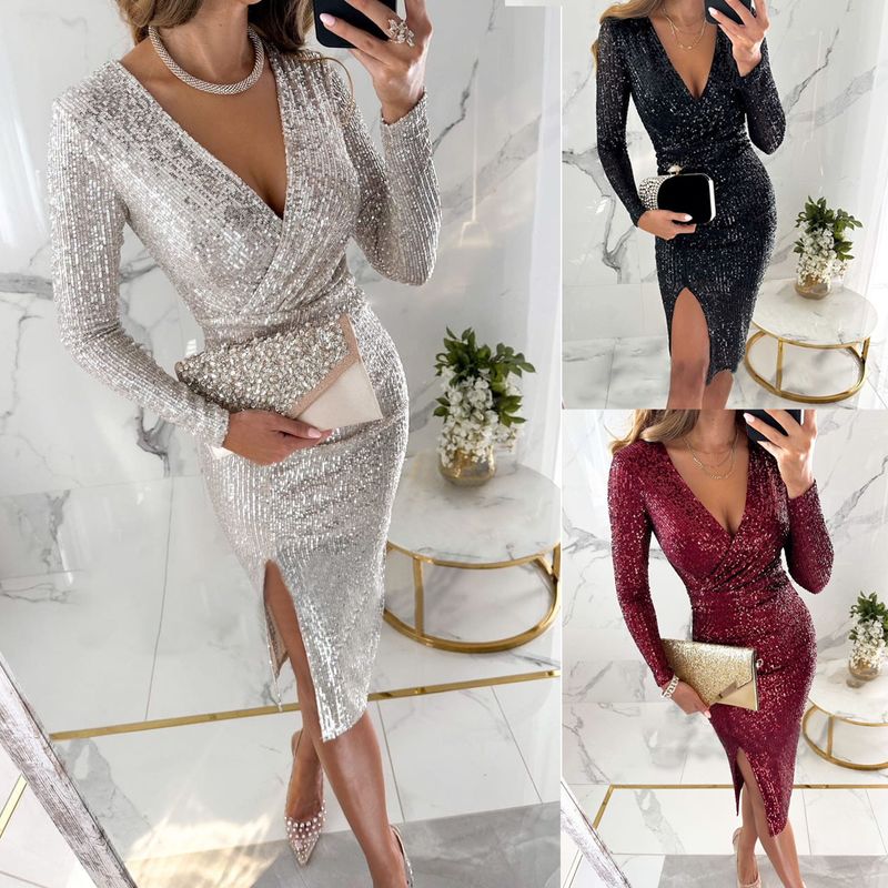 Women's Party Dress Classic Style V Neck Sequins Slit Zipper Long Sleeve Solid Color Knee-length Party Cocktail Party