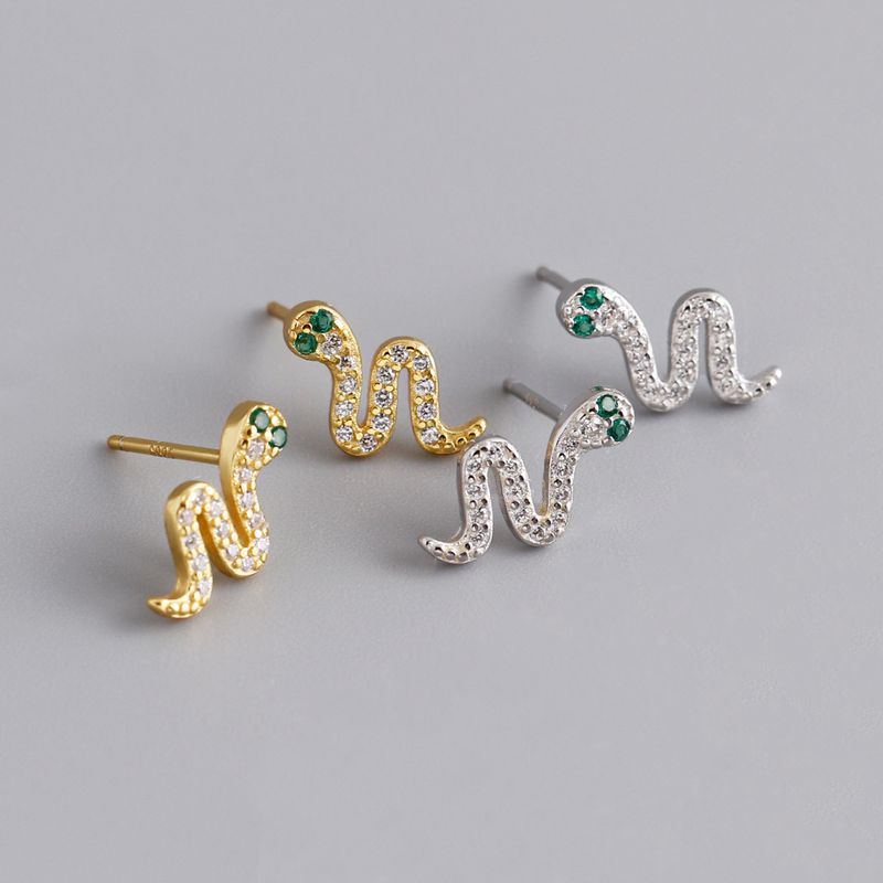 1 Pair Casual Simple Style Snake Plating Inlay Sterling Silver Rhinestones 18k Gold Plated White Gold Plated Ear Studs